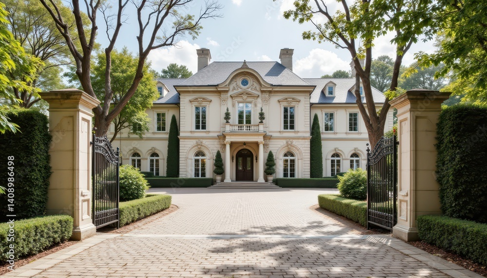 An elegant mansion with an ornate faÃ§ade and a sweeping driveway ...