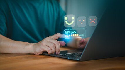 Fototapete - Customer gives a 5 star rating on a digital review system using a laptop. Business service of customer satisfaction, review, positive user experience, decision-making in an online feedback system.