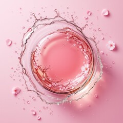 Aufkleber - A circular splash of pink water surrounded by delicate cherry blossoms on a soft pink background.