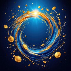 Poster - A vibrant swirl of golden coins and light, symbolizing wealth and prosperity against a deep blue background.