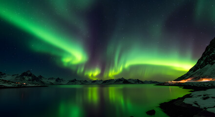 aurora borealis over calm waters reflecting snowy mountain landscape