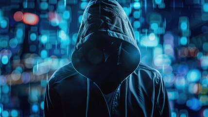 Picture of digital security system to protect dangerous hacking computer user in colorful light of cyberspace style theme. Coding and programming for guarding digital technology from criminal. AIG53.