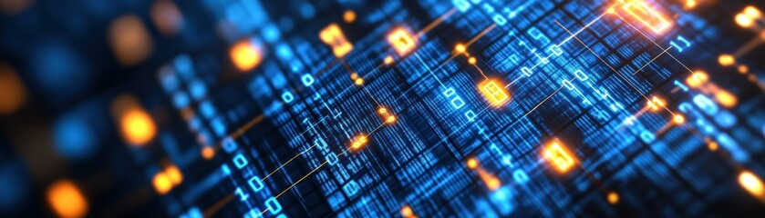 A digital abstract illustration featuring glowing binary code and circuits