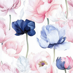 Wall Mural - Soft watercolor floral pattern with pink, blue, and white petals on white background