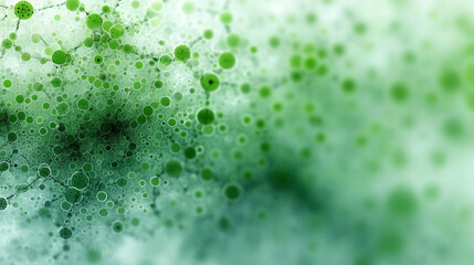 Wall Mural - An abstract image featuring a network of green circles, some interconnected, against a soft, blurred background, creating a sense of depth and organic structure.