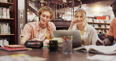 Poster - College student, people and laptop at library for group project, research and education at university. Man, woman and happy by computer with books, assessment and learning for scholarship at academy