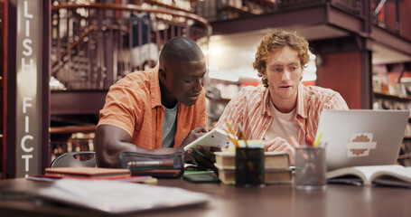 Poster - Students, men and together with laptop at library for group project, research and education at university. People, computer and review with books, calculator and learning for scholarship at college
