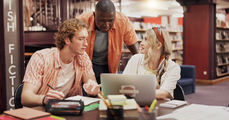 Poster - College, laptop and research with people in library for group project, discussion and education. University, team assignment and study with students on campus for knowledge, future and scholarship