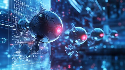 Futuristic robot surveillance system with digital interface displaying data red blue dark tech code
