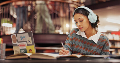 Poster - Studying, student and woman with headphones, library and listening to music for project and education. College, writing and girl with notes for knowledge, scholarship and streaming playlist with tech