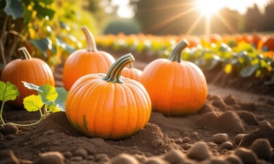 sunlit pumpkin patch with vibrant orange pumpkins in fertile soil at sunset