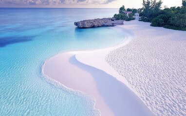 a serene beach showcases white sand and clear blue water under a bright sky.