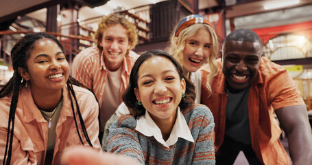 Aufkleber - University library, happy friends and selfie of students with picture, team and pov together. Portrait, group and photography of people at college for study break, education and social media post