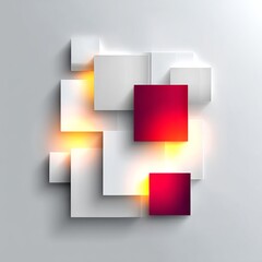 Poster - Abstract 3D Geometric Composition with Overlapping White and Red Squares on a Soft Gray Background