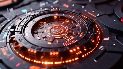 Abstract Digital Interface with Glowing Circular Design and Red Neon Lights

