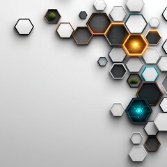 Poster - Abstract Hexagonal Array on White Backdrop: Modern Design with Glowing and Natural Elements
