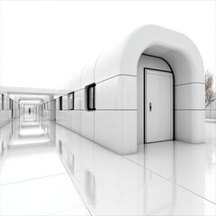 Aufkleber - A Futuristic Glimpse: All-White Architecture of a Long, Glossy Corridor Leading to the Light