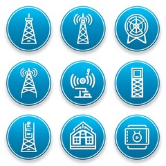 Poster - Blue Communication Icons: Radio Towers, Satellite Dishes, and Media Devices for Network Connectivity