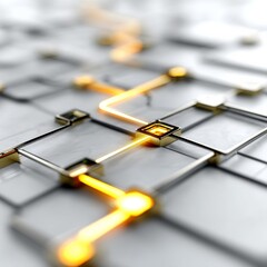 Aufkleber - Golden Path on Grey Grid: Abstract Network of Connections and Digital Transformation Visual