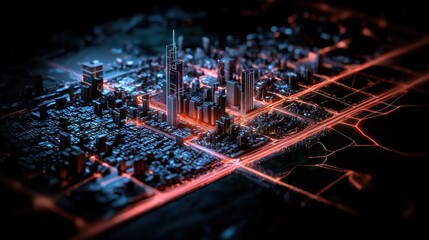 Wall Mural - futuristic cityscape aerial view, glowing roads, interconnected network, urban landscape
