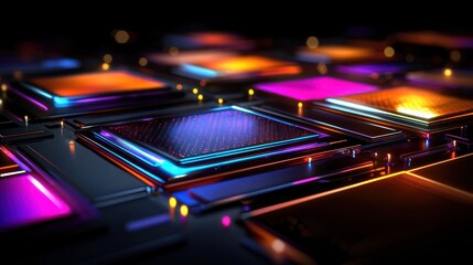 Wall Mural - futuristic circuit board, glowing colorful squares, dark background. abstract technology