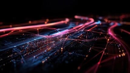 Wall Mural - abstract city network, glowing lines, dark background, data flow visualization