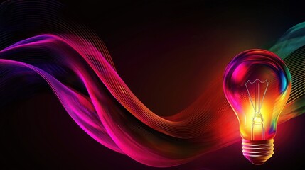 Wall Mural - Colorful lightbulb idea, abstract waves, dark background