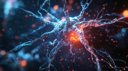 Wall Mural - abstract neuron cell microscopic digital art blue red glowing 3d fire dark brain spark light energy