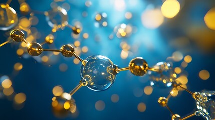 Abstract golden molecular structure on blue background with bokeh lights 3d art atoms shiny design