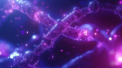 Abstract dna double helix structure vibrant purple and blue glowing particles background 3d cell code