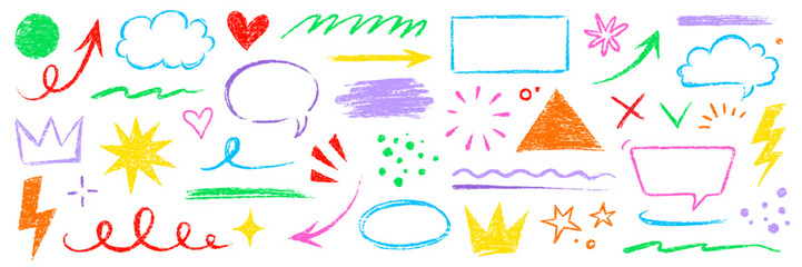 Aufkleber - Kid color pencil hand drawn line element set. Chalk pencil hand drawn doodle sketch texture color kid crayon arrow, heart, cloud shape set. Texture chalk, crayon pencil style. Vector illustration