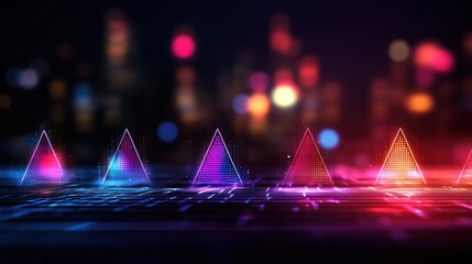 Wall Mural - neon triangles on futuristic keyboard, city lights bokeh background
