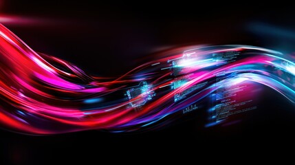Wall Mural - Abstract flowing vibrant waves with data overlay in dark background