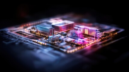 Wall Mural - cityscape miniature on circuit board, night view, futuristic tech