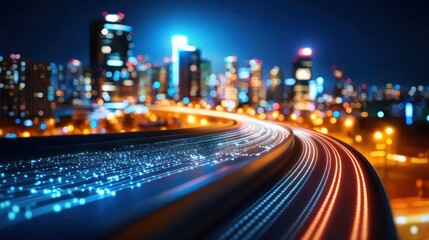 Wall Mural - city night highway with digital data trails