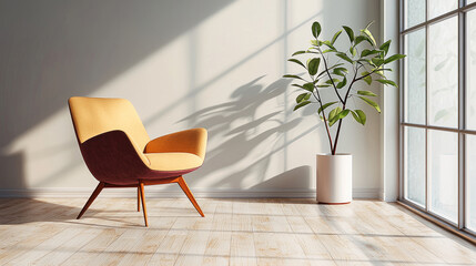 Poster - cozy and bright living space featuring stylish yellow armchair and decorative indoor plant in white pot. sunlight casts beautiful shadows, creating warm atmosphere