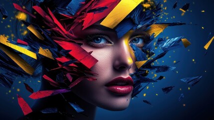 Sticker - Colorful abstract woman portrait, fragmented head, vibrant background