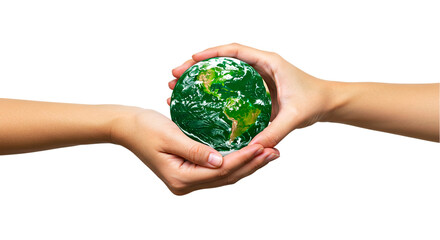 Wall Mural - two hands holding a green earth globe against a black background symbolizing environmental protectio