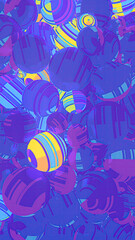 Poster - A composition of multiple spherical objects in which dark blue spheres with striped textures shimmer with bright colors. The patterns of light create a sense of vibrant energy. 3d render illustration