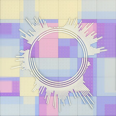 Aufkleber - Geometric illustration with circular elements in the center surrounded by radial lines. The background is made up of colored squares. Pastel palette with violet, blue and beige tones. 3d rendering