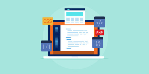 Wall Mural - website development service, css coding with brackets displays on programming language interpreter d