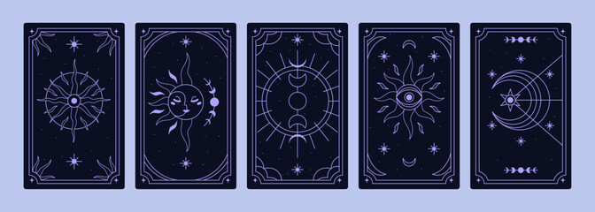 Tarot card back design. Mystic esoteric celestial backgrounds set with sacred sun, moon, crescent, star symbols, linear cosmic patterns in spiritual magic line art style. Flat vector illustration