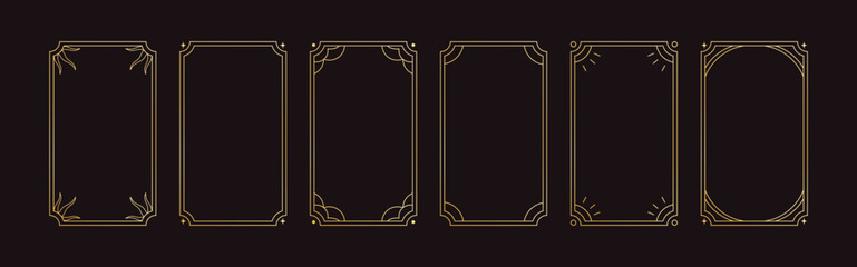 Leinwandbilder - Golden line art frames set. Linear rectangle vertical borders. Decorative contour for card backgrounds. Gold framework decoration, lineart premium style ornament, decor. Flat vector illustration