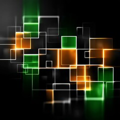 Poster - Abstract Glowing Rectangles in Dark Space - Green and Orange Neon Light Squares Modern Background
