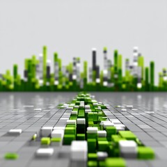 Fototapete - Abstract Green Cityscape Emerging from Grid: A Sustainable Urban Future Vision