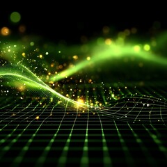 Aufkleber - Abstract Green Grid with Glowing Particles: A Futuristic Visual of Data Flow and Energy