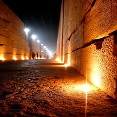 Poster - Ancient Passage: A Tunnel of Light and Stone, Illuminated by Flickering Flames in the Darkness of Night
