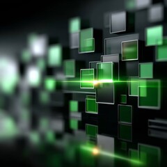 Poster - Green and Gray Floating Cubes with a Central Glowing Beam - Abstract Technological Background