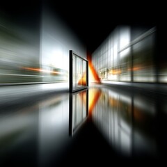 Aufkleber - Hallway of Modern Architecture with Reflections and Motion Blur: A Study in Light and Space