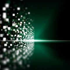 Poster - Illuminated Cubes Reflecting on a Green Floor with Dark Background, Abstract Futuristic Tech Landscape